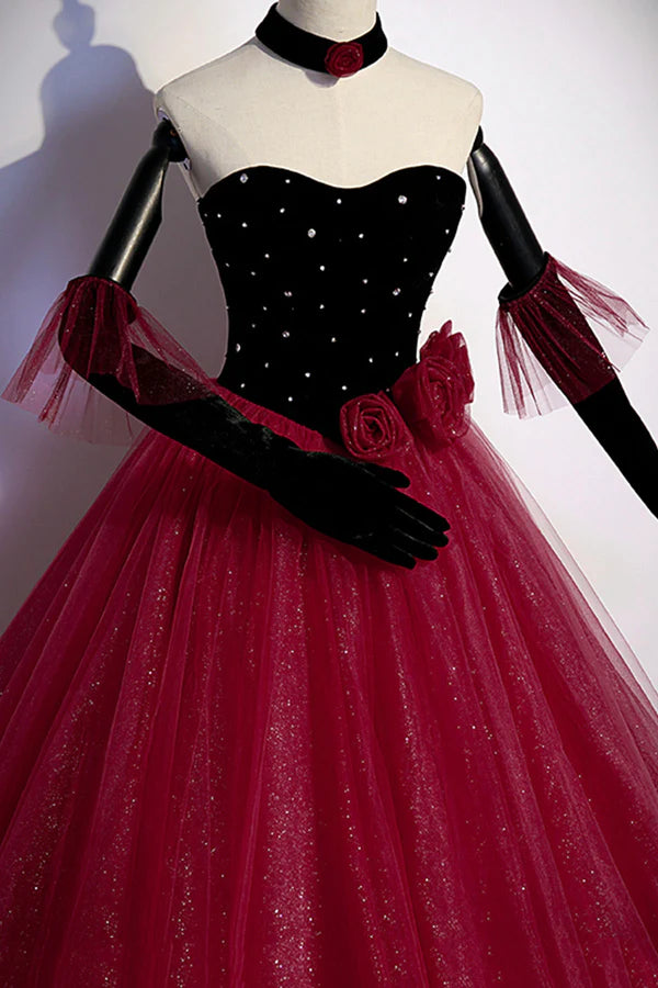 Wholesale Burgundy Strapless Tulle Long Prom Dress A-Line Evening Party Dress